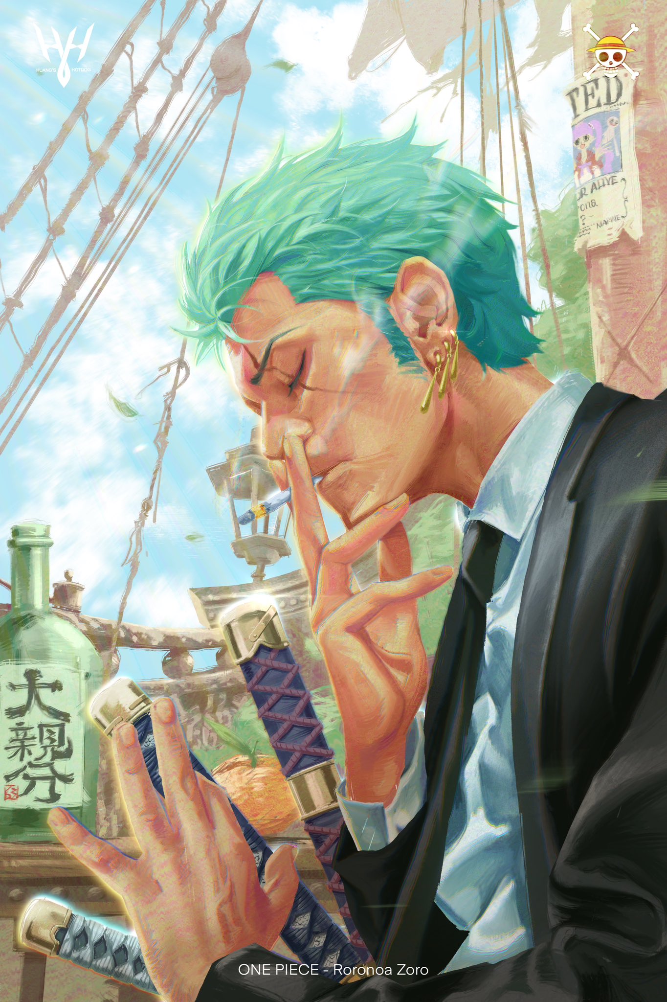 1boy bottle character_name cigarette day from_side green_hair highres holding holding_sword holding_weapon jolly_roger katana male_focus one_eye_closed one_piece roronoa_zoro scar scar_across_eye short_hair signature skull_and_crossbones smoke smoking solo sword wanted weapon yellow70377686