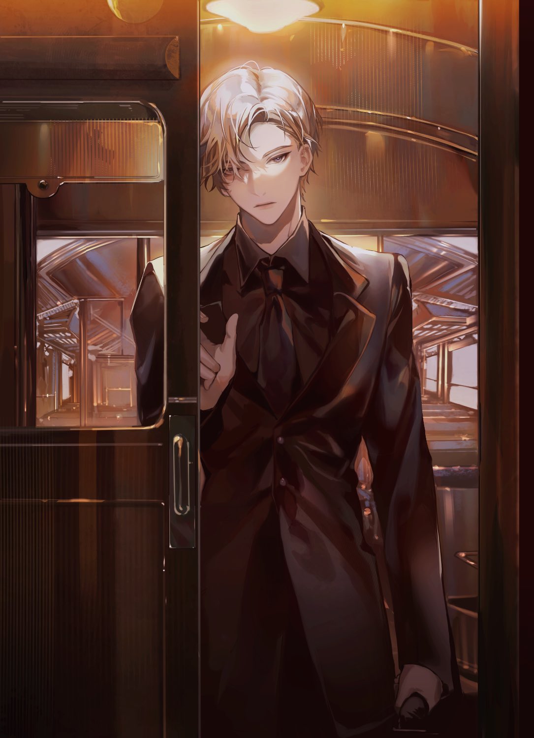 1boy arm_at_side black_coat black_necktie black_shirt blonde_hair coat collared_shirt commentary cowboy_shot draco_malfoy grey_eyes grey_hair hair_over_one_eye hand_up harry_potter_(series) highres holding looking_at_viewer male_focus necktie open_door shirt short_hair solo to_e train_interior wizarding_world