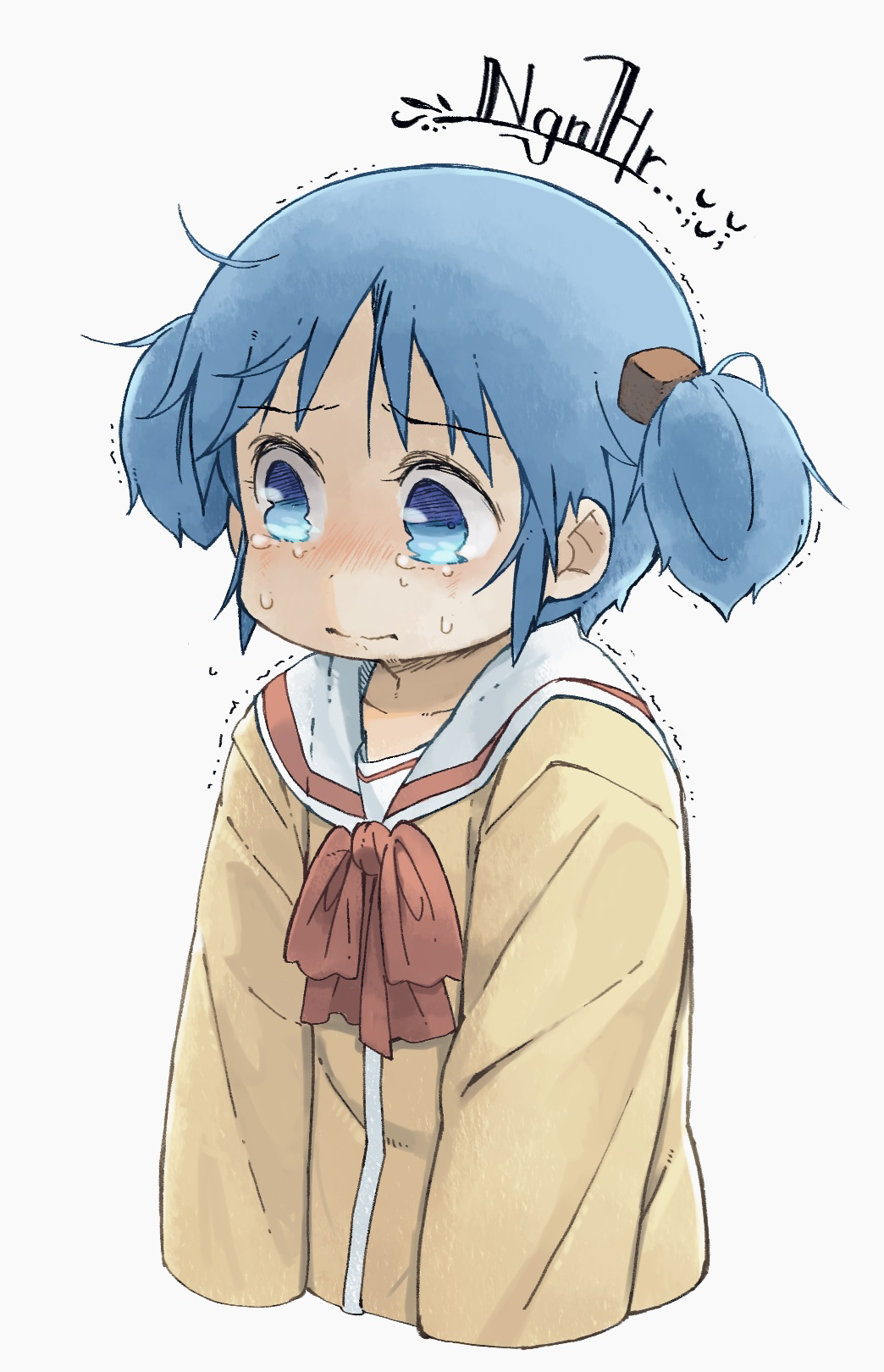 1girl arawi_keiichi_(style) blue_eyes blue_hair blush closed_mouth collarbone crying crying_with_eyes_open frown highres long_sleeves medium_hair naganohara_mio nichijou nishimura_(prism_engine) nose_blush red_ribbon ribbon sailor_collar school_uniform short_twintails simple_background solo tears twintails upper_body white_background white_sailor_collar