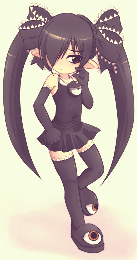 1girl backbeako backbeard bare_shoulders black_dress black_footwear black_gloves black_hair black_ribbon black_thighhighs blush clenched_hand closed_mouth dress elbow_gloves full_body gegege_no_kitarou gloves hair_over_one_eye hair_ribbon light_smile long_hair looking_at_viewer original pinching_gesture pointy_ears red_eyes ribbon simple_background sleeveless sleeveless_dress solo standing standing_on_one_leg thigh-highs torotei twintails variant_set white_background zettai_ryouiki