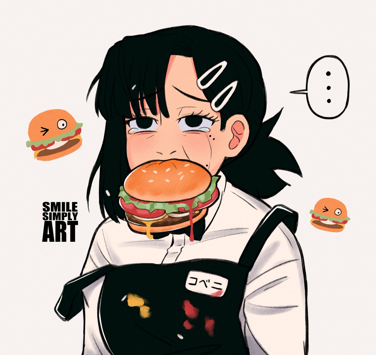 1girl apron artist_name black_apron black_bow black_bowtie black_hair bow bowtie burger chainsaw_man collared_shirt family_burger_mascot_(chainsaw_man) food food_in_mouth food_on_clothes hair_ornament hairclip higashiyama_kobeni looking_at_viewer mole mole_on_cheek mole_under_eye multiple_moles one_eye_closed shirt short_hair short_ponytail simple_background single_sidelock sleeve_pushed_up smilesimplyart solo strap_slip tearing_up white_background white_shirt