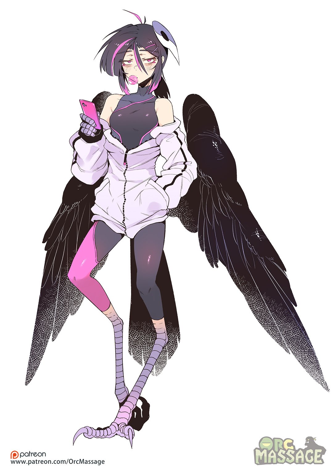 1girl ahoge antenna_hair ava_(orc_massage) bird_girl bird_tail bird_wings black_hair blush cellphone chewing_gum claws detached_sleeves feathered_wings feathers full-length_zipper hand_up harpy highres holding holding_phone jacket karasu_chan1204 logo looking_to_the_side mask mask_on_head medium_hair monster_girl multicolored_hair official_art orc_massage patreon_logo patreon_username phone pink_eyes pink_hair ponytail sleeveless smartphone standing standing_on_one_leg tail talons white_background white_jacket wings zipper zipper_pull_tab