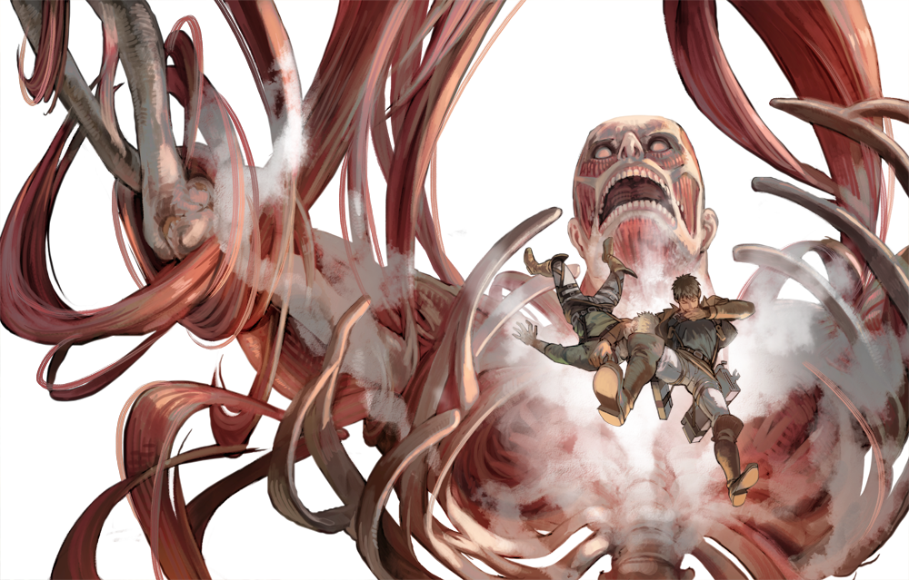 3boys battle bertolt_hoover biting_hand bone boots carrying carrying_person character_request check_character colossal_titan defeat exposed_muscle falling fleeing full_body jean_kirchstein knee_boots male_focus midair multiple_boys pants prema-ja protecting reiner_braun shingeki_no_kyojin short_hair spoilers steam titan_(shingeki_no_kyojin) white_background white_pants