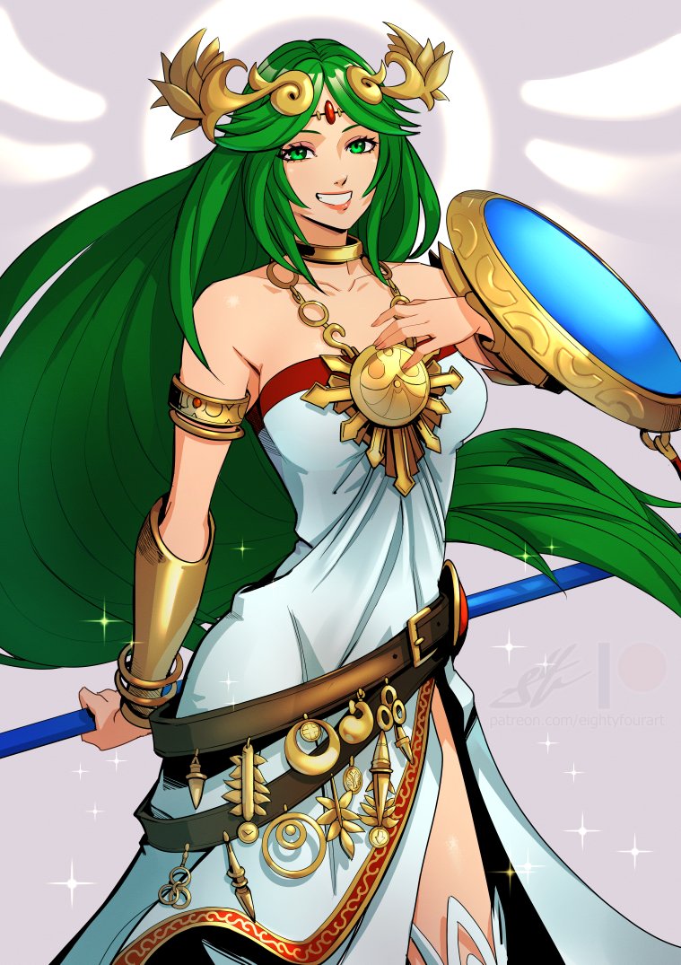 1girl armlet bare_shoulders breasts chiton circlet collarbone dress eightyfourart forehead_jewel green_eyes green_hair hand_on_own_chest holding holding_shield holding_staff kid_icarus kid_icarus_uprising long_hair medium_breasts palutena parted_bangs shield single_thighhigh solo staff strapless strapless_dress teeth thigh-highs vambraces very_long_hair white_dress white_thighhighs