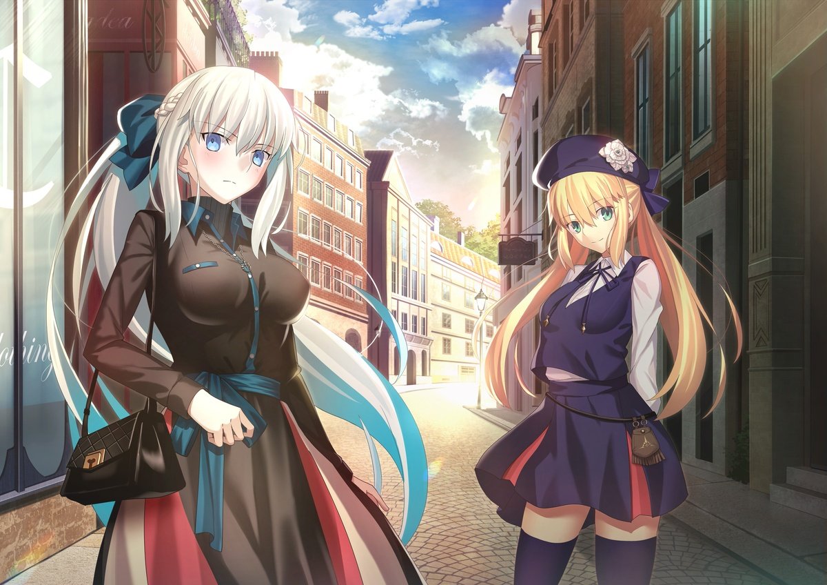2girls alternate_costume arms_behind_back artoria_caster_(fate) artoria_pendragon_(fate) bag beret black_bag black_dress blonde_hair blue_bow blue_eyes blue_headwear blue_ribbon blue_skirt blue_thighhighs blue_vest bow braid breasts building chain_necklace closed_mouth clouds cloudy_sky collared_dress collared_shirt contemporary dress fate/grand_order fate_(series) french_braid green_eyes grey_hair hair_between_eyes hair_bow handbag hat jewelry long_hair long_sleeves looking_at_viewer medium_breasts mishiro_(ixtlolton) morgan_le_fay_(fate) multiple_girls neck_ribbon necklace parody ponytail ribbon shirt sidelocks skirt sky smile solo style_parody takeuchi_takashi_(style) thigh-highs twintails very_long_hair vest white_shirt