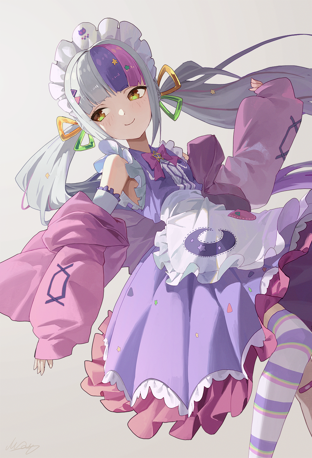 1girl apron bare_shoulders blunt_bangs bow bowtie brooch closed_mouth commentary crescent_print dress frilled_apron frilled_dress frills grey_hair hair_ornament highres hololive jacket jacket_partially_removed jewelry long_hair long_sleeves m.q_(mqkyrie) magical_girl maid_headdress multicolored_hair murasaki_shion murasaki_shion_(6th_costume) official_alternate_costume official_alternate_hairstyle open_clothes open_jacket pink_bow pink_bowtie pink_hair pink_jacket purple_dress purple_hair purple_thighhighs sideways_glance sleeveless sleeveless_dress smile solo star_(symbol) star_brooch star_hair_ornament streaked_hair striped striped_thighhighs thigh-highs triangle_hair_ornament twintails virtual_youtuber waist_apron white_apron yellow_eyes