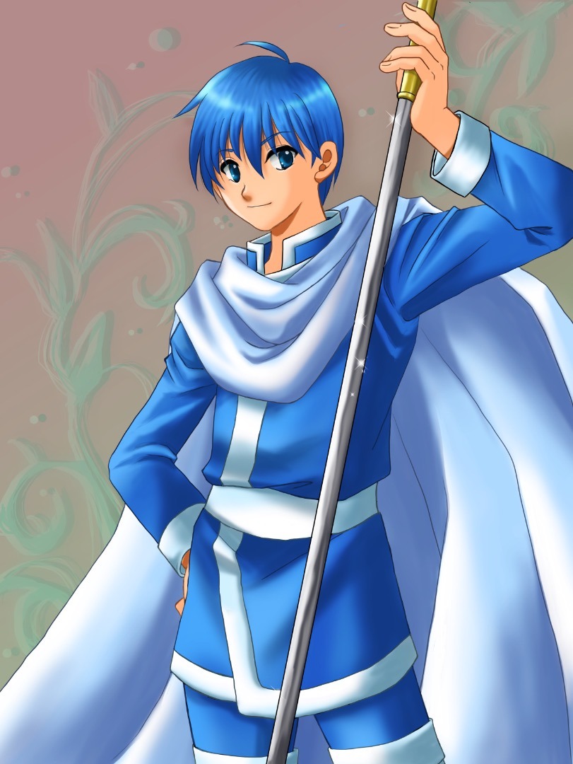 1boy blue_coat blue_eyes blue_hair cape coat commentary_request finn_(fire_emblem) fire_emblem fire_emblem:_genealogy_of_the_holy_war fire_emblem:_thracia_776 hand_on_own_hip holding holding_polearm holding_weapon looking_at_viewer okumi polearm smile solo spear standing weapon white_cape