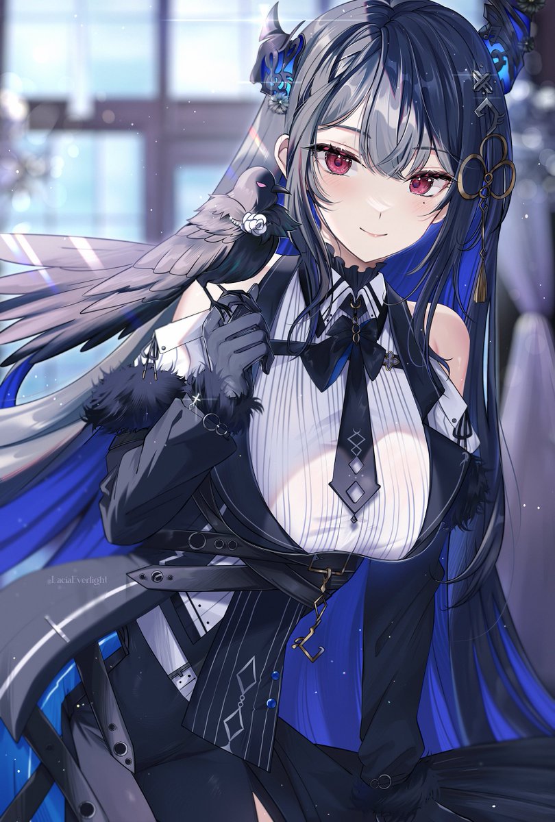 1girl asymmetrical_horns bare_shoulders bird black_hair blue_hair blush breasts closed_mouth colored_inner_hair crow demon_horns dress fur_trim hair_ornament highres holoadvent hololive hololive_english horns lacia_everlight long_hair long_sleeves looking_at_viewer mole mole_under_eye multicolored_hair nerissa_ravencroft red_eyes shadow_(nerissa_ravencroft) smile solo two-tone_hair virtual_youtuber