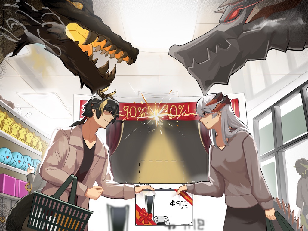1boy 1girl arknights black_hair casual chong_yue_(arknights) dragon dragon_horns dragon_tail fangs game_console grey_hair grey_sweater horns jacket lee_(arknights) playstation_5 saria_(arknights) shopping_basket stare_down supermarket sweater tail tofudofu