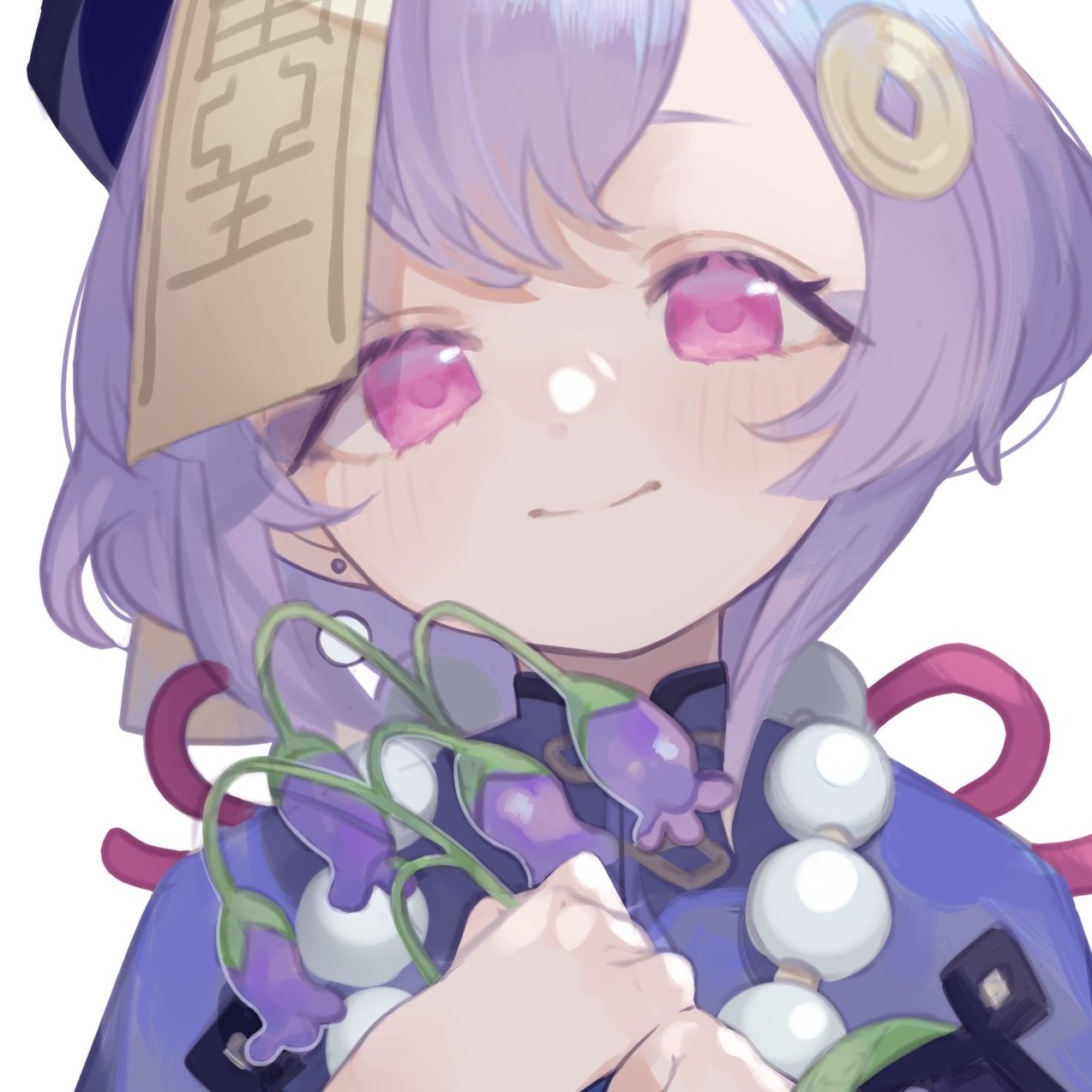 1girl 750x077 bead_necklace beads bellflower blush chinese_clothes closed_mouth coin_hair_ornament dress flower genshin_impact hair_ornament hat highres jewelry jiangshi long_sleeves looking_at_viewer necklace ofuda portrait purple_dress purple_hair purple_headwear qiqi_(genshin_impact) short_hair sidelocks simple_background smile solo upper_body violet_eyes white_background wide_sleeves