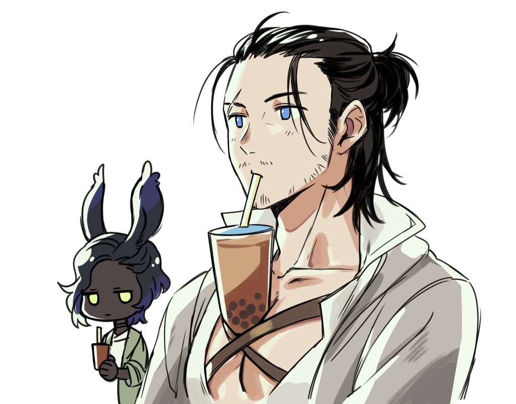 1boy 1girl adventurer_(ff14) beard_stubble between_pectorals breast_envy bubble_tea_challenge chest_harness cup disposable_cup drink drinking drinking_straw erenville expressionless final_fantasy final_fantasy_xiv final_fantasy_xiv_dawntrail hair_slicked_back harness jitome looking_ahead lowah male_focus mature_male medium_hair mustache_stubble object_on_pectorals pectoral_cleavage pectorals scar scar_across_eye smile solo_focus thick_eyebrows upper_body warrior_of_light_(ff14)
