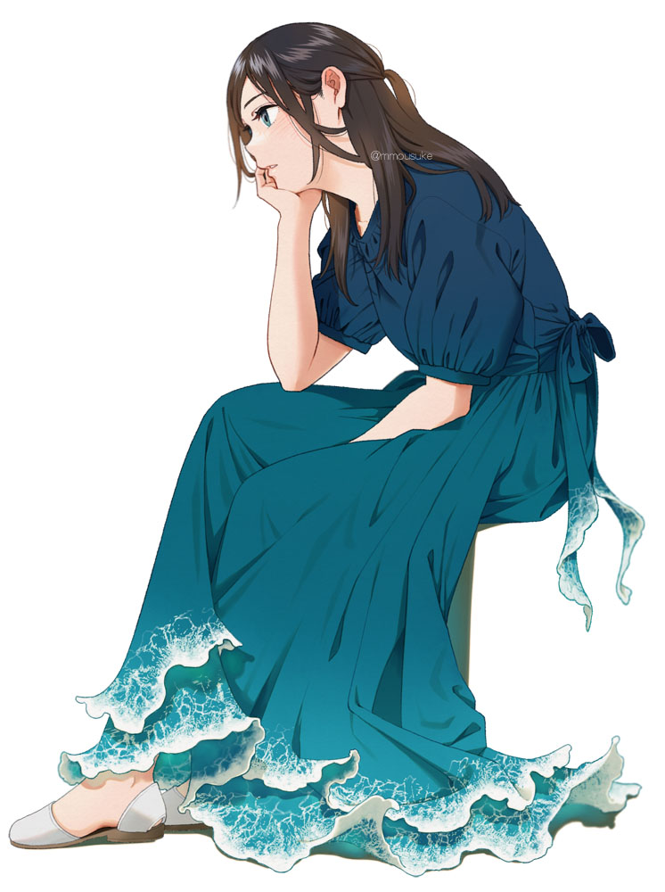 1girl aqua_dress aqua_eyes between_legs blue_dress blue_eyes blush brown_hair commentary_request dress eyelashes from_side full_body gradient_dress hand_between_legs head_rest invisible_chair leaning_forward long_dress long_hair looking_to_the_side mattaku_mousuke original parted_bangs parted_lips puffy_short_sleeves puffy_sleeves shadow short_sleeves sidelocks sitting solo twitter_username white_footwear