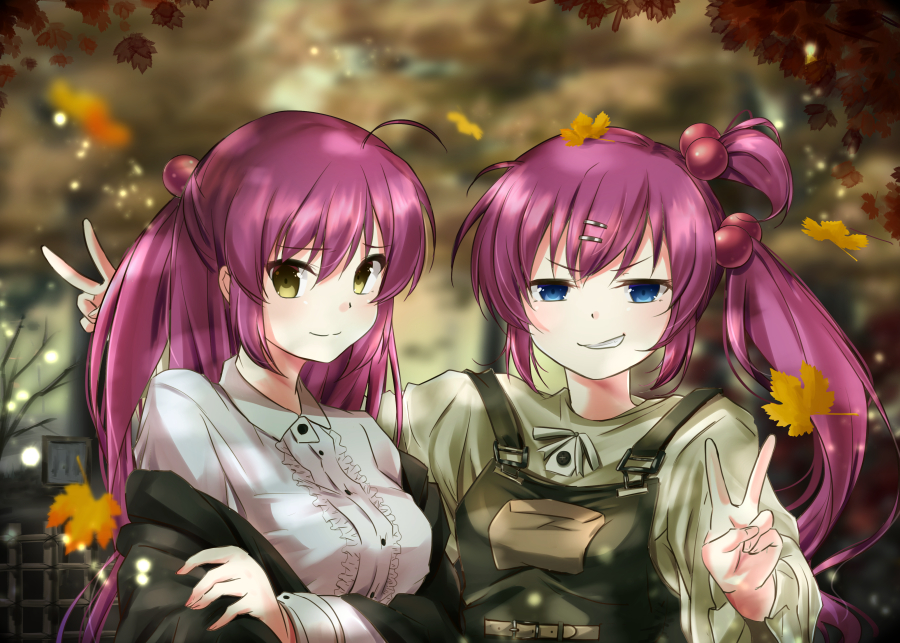 2girls ahoge autumn autumn_leaves blue_eyes blurry blurry_background blush center_frills closed_mouth commentary_request dappled_sunlight double_v fence forest frills futaki_kanata green_overalls green_shirt grin hair_bobbles hair_ornament hairclip half_updo leaf leaf_on_head little_busters! long_hair long_sleeves looking_at_viewer multiple_girls nature off_shoulder one_side_up outdoors ponytail saigusa_haruka shirt siblings side_ponytail sisters smile smirk straight-on sunlight tagame_(tagamecat) twins upper_body v v-shaped_eyebrows white_shirt yellow_eyes