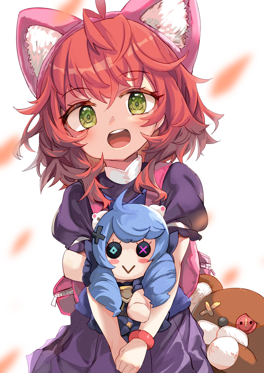 1girl :d animal_ears annie_(league_of_legends) backpack bag blurry blurry_background blush cat_ears character_doll doll fake_animal_ears green_eyes gwen_(league_of_legends) highres holding holding_doll league_of_legends medium_hair pink_bag pleated_skirt puffy_short_sleeves puffy_sleeves purple_skirt redhead short_sleeves skirt smile solo stuffed_animal stuffed_toy teddy_bear tibbers umagenzin white_background