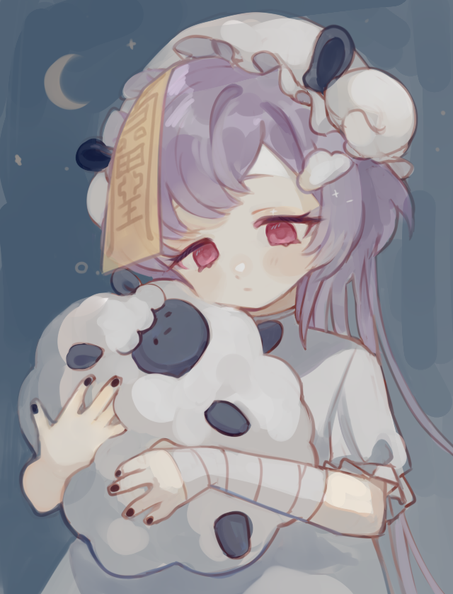 1girl 750x077 closed_mouth dress frills genshin_impact hair_ornament hat holding jiangshi long_hair looking_down object_hug puffy_short_sleeves puffy_sleeves purple_hair qiqi_(genshin_impact) sad short_sleeves sidelocks solo stuffed_animal stuffed_toy upper_body very_long_hair violet_eyes white_dress white_headwear