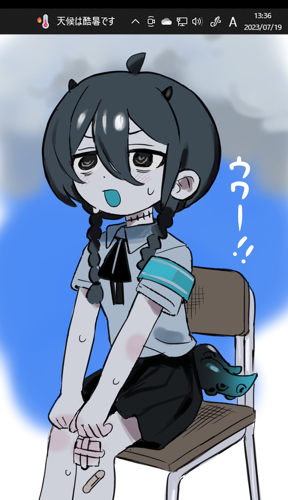 1girl ahoge bags_under_eyes bandaid bandaid_on_leg black_eyes black_hair black_ribbon black_skirt blue_armband blue_background blue_mouth blush braid chair clouds collared_shirt colored_skin commentary_request gauze_on_knee grey_background grey_shirt grey_skin hair_between_eyes hands_on_own_knees highres horns hot indie_virtual_youtuber kunoichi_kazuhito_(kuno_kazu) looking_ahead low_twin_braids multicolored_background neck_ribbon open_mouth photo_inset pleated_skirt ribbon ringed_eyes school_chair school_uniform shirt short_sleeves short_tail sitting skirt solo stitched_neck stitches sweat tentacle_tail tentacles timestamp translation_request twin_braids v-shaped_eyebrows v_arms virtual_youtuber yamata_ia