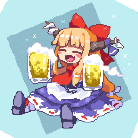 1girl alcohol beer beer_mug black_footwear blue_ribbon blue_skirt blush_stickers bow closed_eyes cup fang full_body hair_bow holding holding_cup horn_ornament horn_ribbon horns ibuki_suika kumamoto_(bbtonhk2) long_hair lowres mug one-hour_drawing_challenge oni_horns open_mouth orange_hair pixel_art print_skirt red_bow ribbon shoes skirt smile solo touhou