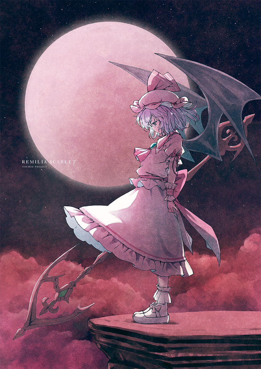 1girl back_bow bat_wings bobby_socks bow brooch character_name clouds copyright_name footwear_bow from_side full_body full_moon hat hat_ribbon highres holding holding_weapon jewelry medium_hair mob_cap moon night outdoors pink_bow pink_headwear pink_shirt pink_skirt polearm red_bow red_ribbon remilia_scarlet ribbon satyuas shirt short_sleeves skirt socks solo spear spear_the_gungnir touhou weapon white_footwear white_socks wings wrist_cuffs