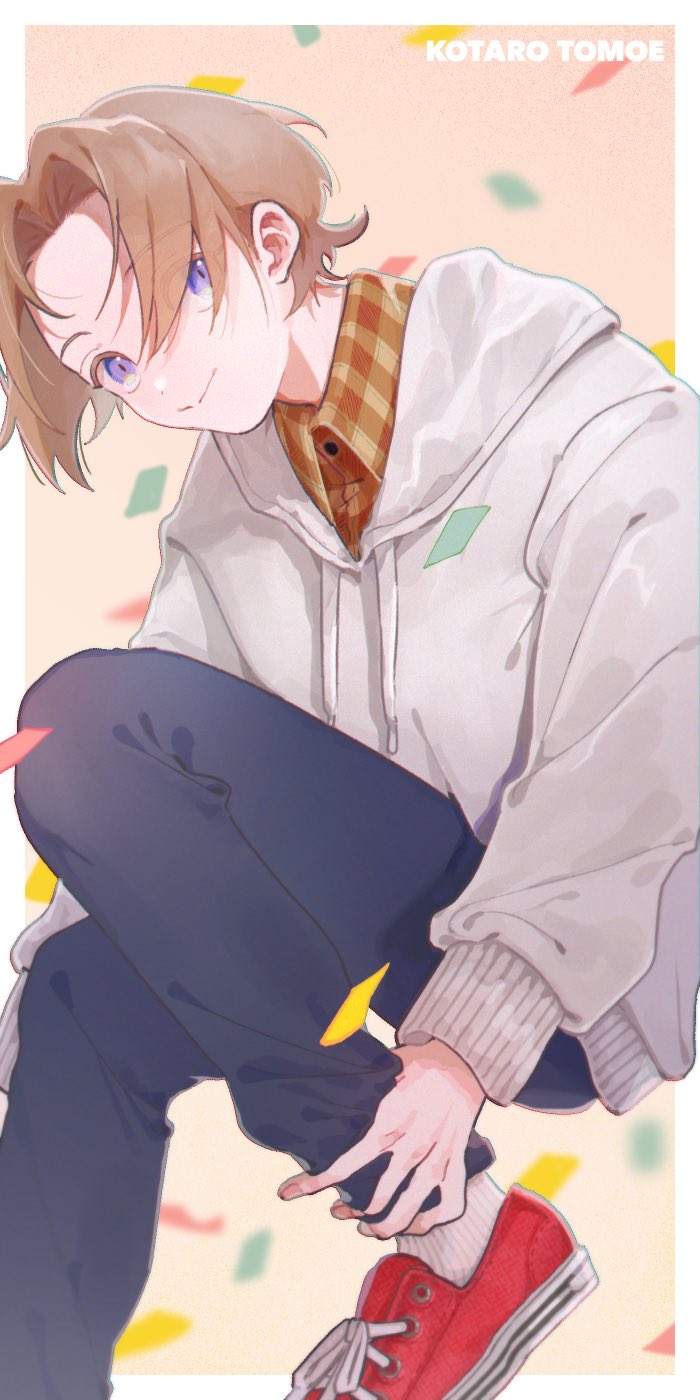 1boy :&gt; blue_pants blurry brown_background brown_hair casual character_name closed_mouth confetti depth_of_field drawstring dress_shirt feet_out_of_frame from_side grey_hoodie grey_socks hair_over_one_eye highres hood hood_down hoodie invisible_chair knee_up ksnnw_k long_sleeves looking_at_viewer looking_to_the_side male_focus motion_blur orange_shirt outside_border pants parted_bangs plaid plaid_shirt red_footwear shirt short_hair sitting slit_pupils smile socks solo tomoe_kotarou violet_eyes world_trigger