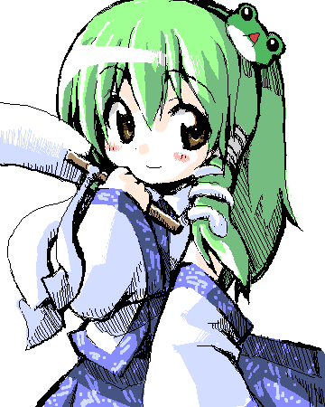 blue_skirt blue_trim brown_eyes closed_mouth collared_shirt commentary detached_sleeves frog_hair_ornament green_hair hair_ornament hatching_(texture) kochiya_sanae linear_hatching long_hair long_sleeves looking_at_viewer lowres meta'36 oekaki shirt simple_background sketch skirt smile touhou white_background white_shirt white_sleeves