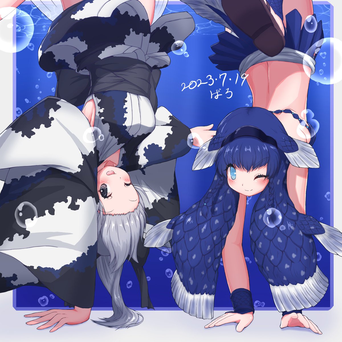 2girls ;) ;d air_bubble arm_up armpits arms_up back baroy_baroro bikini blue_eyes blue_hair blush border bracer bubble closed_mouth coelacanth_(kemono_friends) dark_blue_hair dated detached_sleeves eyelashes fins fish_girl fish_tail freediving grey_eyes grey_hair hairband handstand head_fins highres japanese_clothes jinmen-gyo_(kemono_friends) kemono_friends kemono_friends_3 kimono long_hair median_furrow multiple_girls one_eye_closed open_mouth outside_border smile submerged swimsuit tail underwater upside-down very_long_hair white_border wide_sleeves