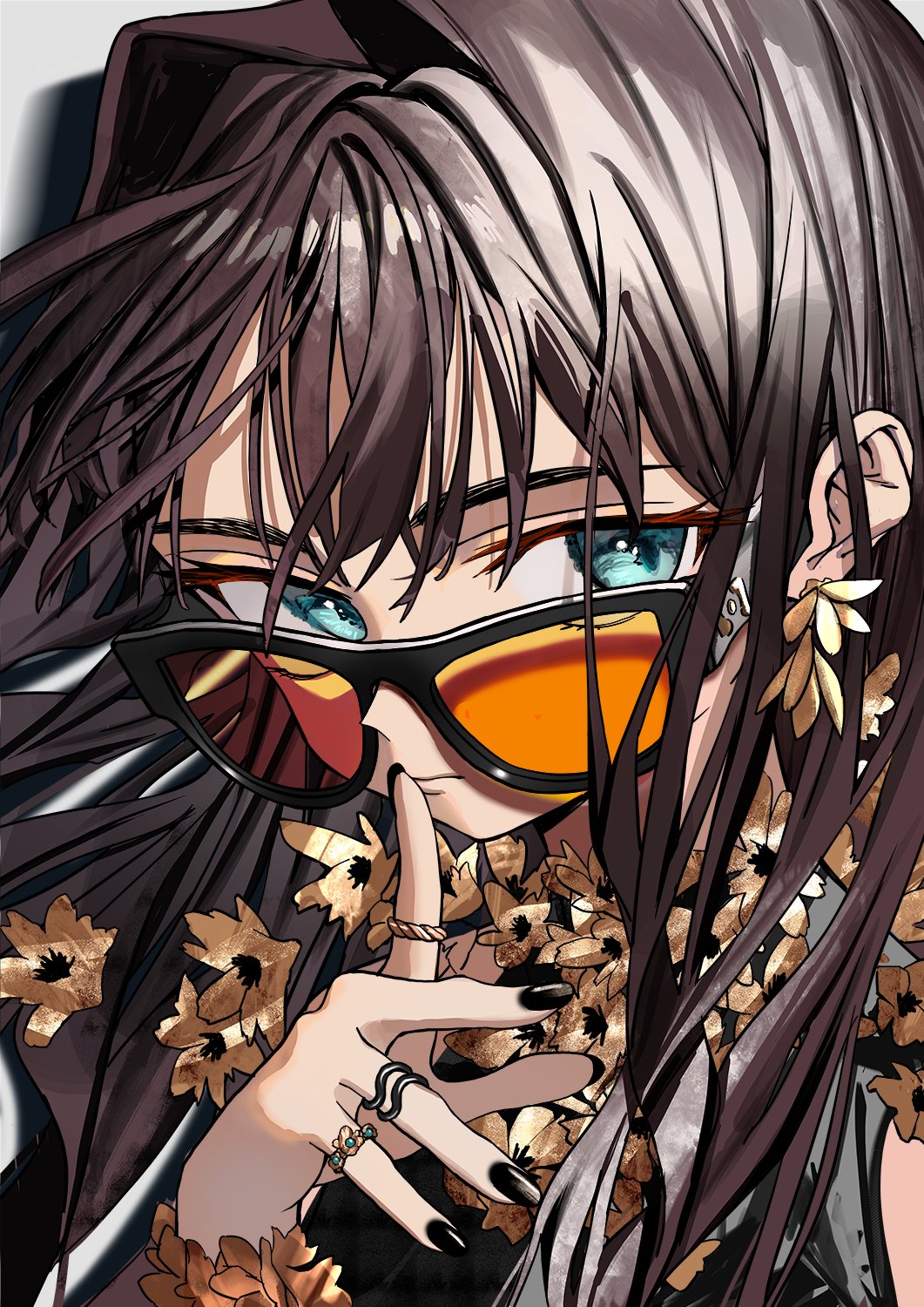 1girl aqua_eyes black_dress black_nails brown_hair choppy_bangs cropped dress earrings elisia_valfelto finger_to_mouth floral_print gold_bracelet highres jewelry long_hair looking_at_viewer luicent multiple_rings original ring shadow sunglasses