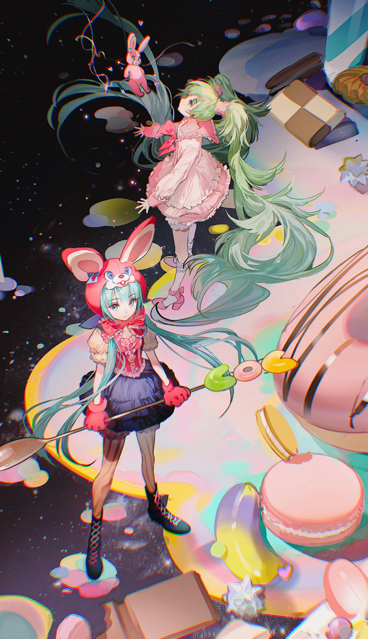 2girls absurdly_long_hair ahoge animal_ears animal_hood aqua_eyes aqua_hair black_footwear black_skirt blue_bow blush boots bow bowtie candy character_request check_character chocolate chocolate_bar chromatic_aberration closed_mouth cookie doughnut dress expressionless food gloves green_eyes hair_between_eyes hair_ornament hatsune_miku heart high_heels highres holding holding_spoon hood ice_cream long_hair long_sleeves looking_at_viewer looking_up macaron multicolored_background multiple_girls outstretched_arms pink_bow pink_bowtie pink_dress puffy_short_sleeves puffy_sleeves rabbit rabbit_ears rabbit_hood red_bow red_gloves rumoon short_sleeves sidelocks skirt spoon standing stuffed_animal stuffed_rabbit stuffed_toy twintails very_long_hair vocaloid
