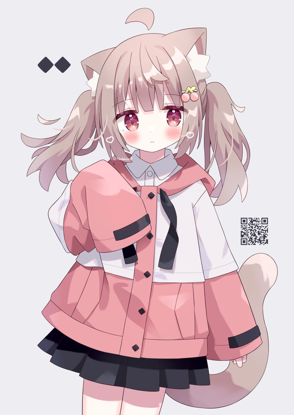 1girl ahoge animal_ear_fluff animal_ears black_skirt blush brown_hair cat_ears cat_girl cat_tail cherry_hair_ornament closed_mouth collared_shirt commentary drawstring dress_shirt food-themed_hair_ornament grey_background hair_ornament hairclip hand_up heart highres hood hood_down hooded_jacket jacket long_hair long_sleeves looking_at_viewer nakkar original pink_jacket pleated_skirt qr_code red_eyes shirt simple_background skirt sleeves_past_fingers sleeves_past_wrists solo standing tail twintails twitter_username watermark white_jacket white_shirt