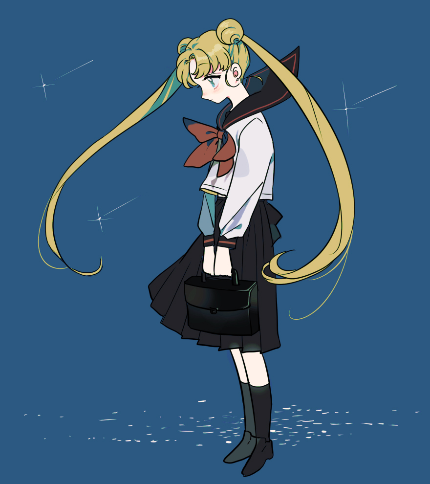 1girl bishoujo_senshi_sailor_moon black_footwear black_sailor_collar black_skirt blonde_hair blue_background bow bowtie briefcase double_bun expressionless floating_clothes from_side full_body hair_bun holding holding_briefcase long_hair pleated_skirt red_bow red_bowtie sailor_collar sailor_moon school_briefcase school_uniform shamko shirt simple_background skirt solo sparkle standing tsukino_usagi twintails white_shirt