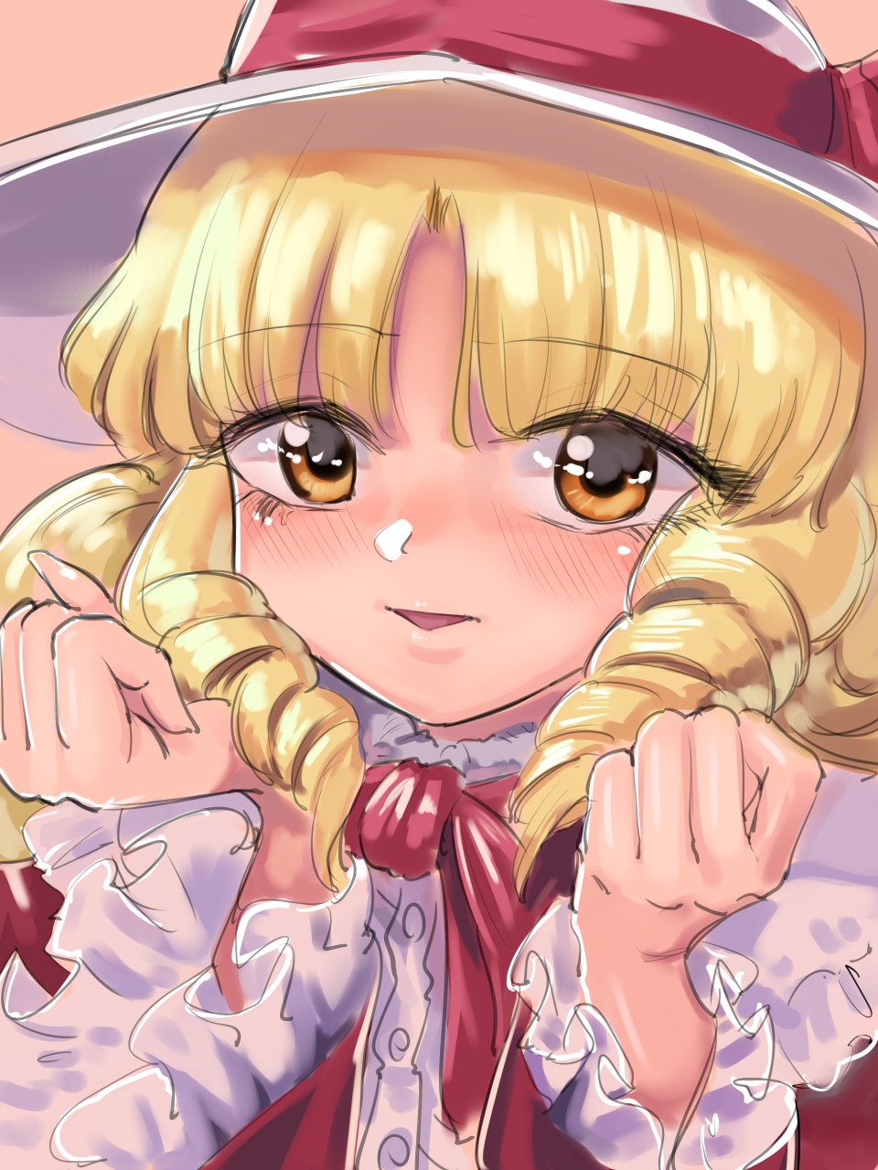 1girl blonde_hair blush buttons clenched_hands dress drill_hair elly_(touhou) frilled_sleeves frills gunnjou_yosio hat hat_ribbon highres looking_at_viewer open_mouth parted_bangs red_dress red_ribbon ribbon solo touhou touhou_(pc-98) white_headwear yellow_eyes