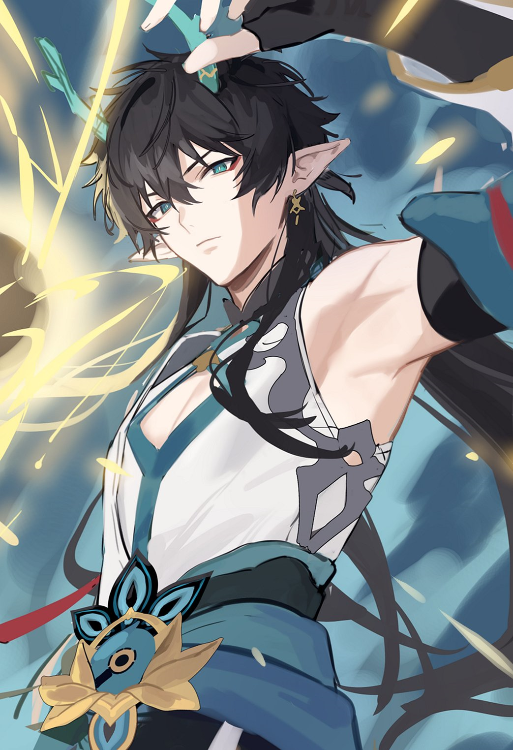 1boy armpit_crease armpits attack bare_shoulders black_gloves black_hair black_pants chinese_clothes closed_mouth dan_heng_(honkai:_star_rail) dan_heng_(imbibitor_lunae)_(honkai:_star_rail) detached_sleeves dragon_boy dragon_horns earrings elbow_gloves expressionless fingerless_gloves gloves green_eyes green_horns green_theme grey_shirt hair_between_eyes highres honkai:_star_rail honkai_(series) horns jewelry long_hair long_sleeves looking_at_viewer magic makeup male_focus muscular pants pectoral_cleavage pectorals pointy_ears red_eyeliner shirt single_earring sleeves_past_elbows solo traditional_clothes white_sleeves