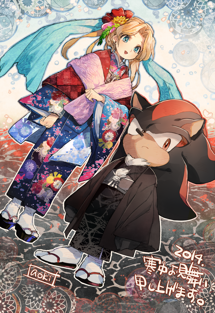 1boy 1girl 2014 alternate_costume alternate_hairstyle animal_ears animal_nose aoki_(fumomo) artist_name black_footwear black_fur black_kimono black_robe blonde_hair blue_eyes blue_kimono blue_sash blush body_fur braid closed_mouth floral_print flower furry furry_male grey_sash hair_flower hair_ornament hand_up hedgehog hedgehog_ears japanese_clothes kimono leaf leaf_hair_ornament long_sleeves looking_at_viewer looking_to_the_side maria_robotnik open_clothes open_mouth red_eyes red_footwear red_fur robe sash shadow_the_hedgehog short_hair slippers smile socks sonic_(series) standing tassel two-tone_fur white_background white_socks wide_sleeves yellow_flower