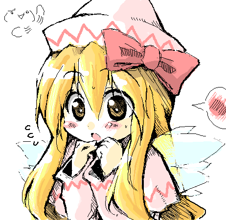 1girl blonde_hair bow brown_eyes commentary_request fairy fairy_wings flying_sweatdrops hair_between_eyes hair_bow hands_up hat hatching_(texture) lily_white linear_hatching long_hair long_sleeves lowres meta'36 oekaki open_mouth pink_bow pink_shirt shirt sketch solo sweat touhou white_headwear wings