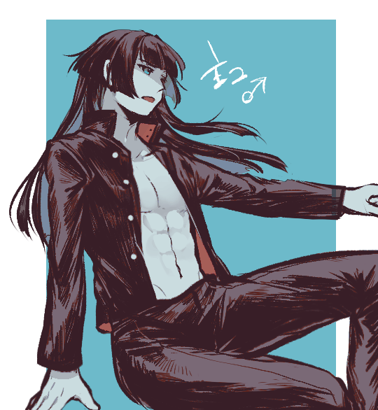 1boy abs black_hair blue_background blue_eyes blunt_bangs border character_name colored_inner_hair commentary crossed_legs feet_out_of_frame gakuran genderswap genderswap_(ftm) limited_palette long_hair male_focus mars_symbol mclw_suisei multicolored_hair navel open_mouth outside_border protagonist_2_(housamo) school_uniform sidelocks simple_background solo tokyo_afterschool_summoners toned toned_male white_border