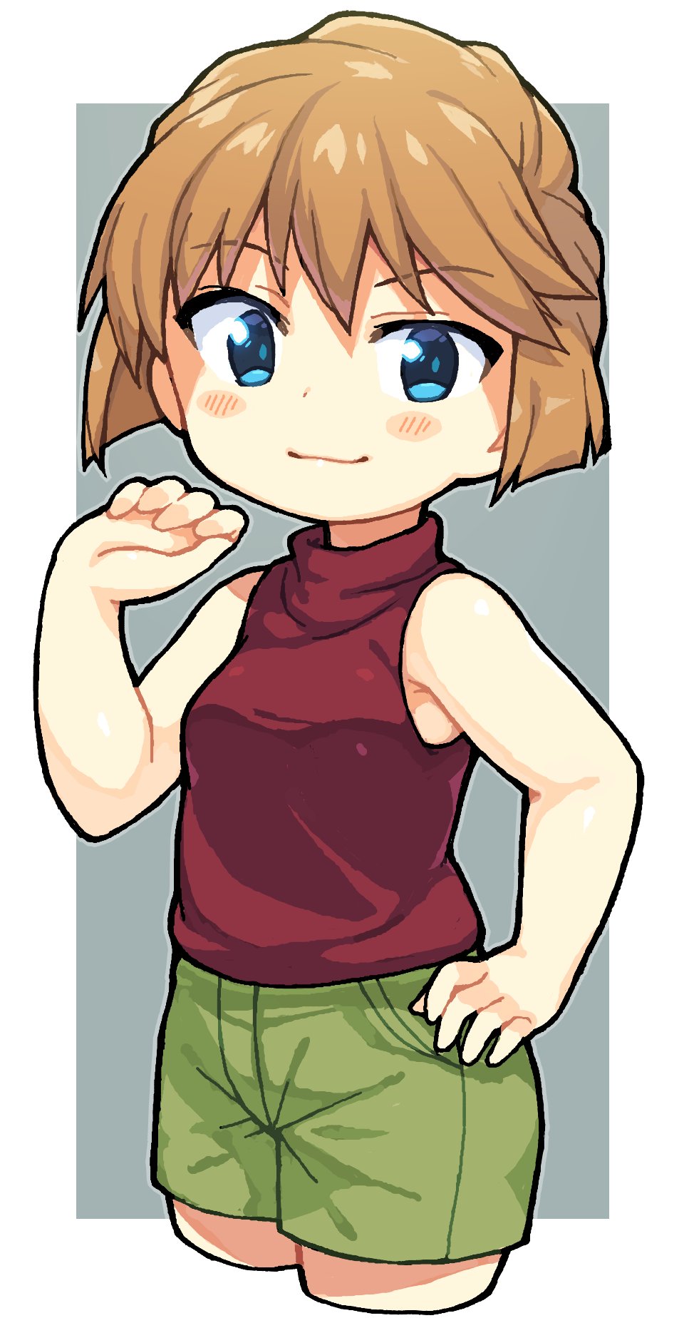 1girl bachera bare_arms bare_shoulders blue_eyes blush breasts brown_hair closed_mouth commentary_request cropped_legs green_shorts grey_background haibara_ai hand_on_own_hip hand_up highres loli looking_at_viewer meitantei_conan red_shirt shirt short_hair short_shorts shorts sleeveless sleeveless_shirt small_breasts smile solo two-tone_background white_background