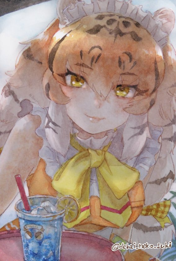 1girl animal_ears apron bare_shoulders black_hair bow bowtie closed_mouth colored_inner_hair cup dekai_neko_suki dress drink drinking_glass drinking_straw frills hair_between_eyes hair_bow kemono_friends leaning_forward lips long_hair looking_at_viewer low-tied_long_hair maid_headdress multicolored_hair official_alternate_costume orange_dress orange_hair plaid plaid_bow siberian_tiger_(kemono_friends) sleeveless sleeveless_dress smile solo tiger_ears traditional_media tray twitter_username very_long_hair waist_apron waitress white_hair yellow_eyes