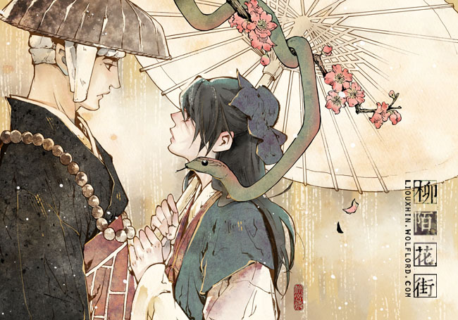 2boys black_hair chinese_clothes chinese_commentary fahai flower hanfu hat holding holding_umbrella legend_of_the_white_snake liouxhin multiple_boys oil-paper_umbrella snake umbrella web_address xu_xian