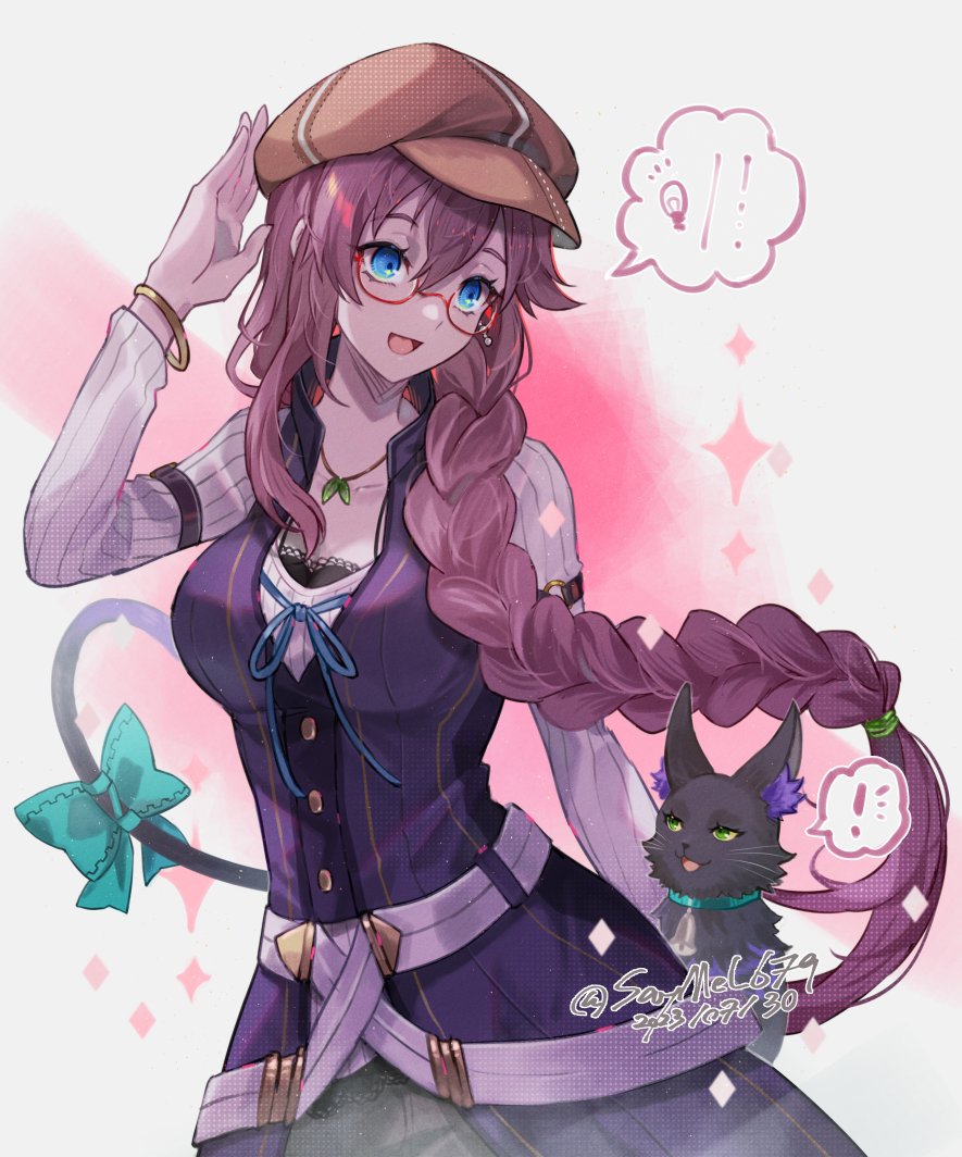 1girl animal bell blue_eyes bow braid braided_ponytail breasts cabbie_hat cat celine_(sen_no_kiseki) cleavage_cutout clothing_cutout dated double-parted_bangs earrings eiyuu_densetsu emma_millstein glasses green_eyes hair_between_eyes hat jewelry jingle_bell large_breasts long_sleeves necklace open_mouth ponytail purple_hair saymel679 sen_no_kiseki sen_no_kiseki_iii sidelocks smile tail tail_bow tail_ornament twitter_username