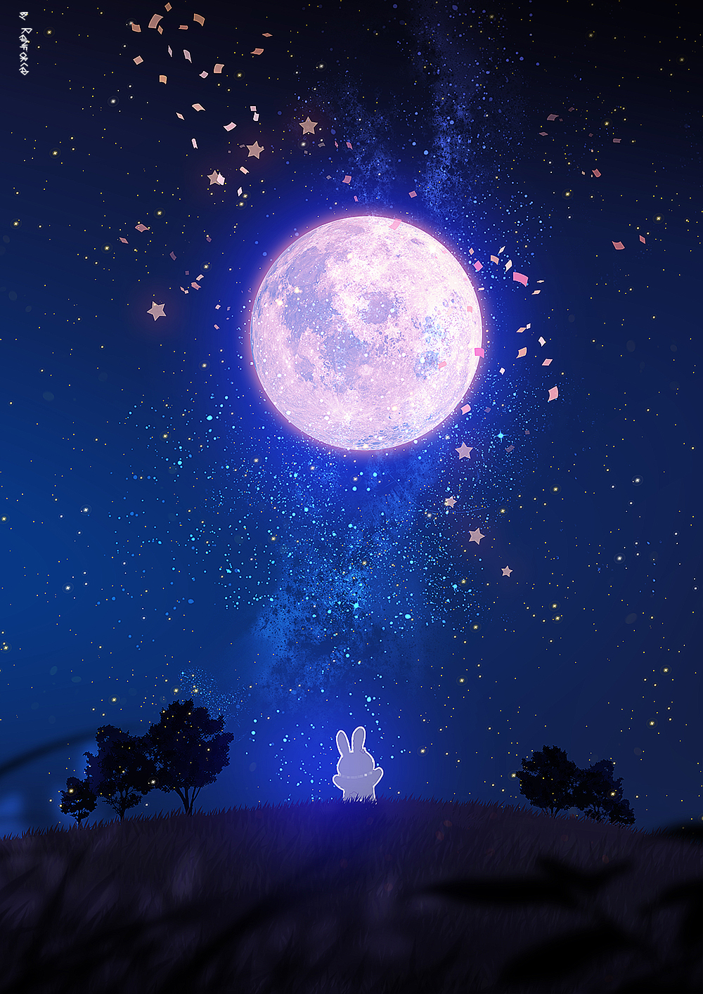 artist_name full_moon furry galaxy glowing grass highres hill landscape moon nature night night_sky no_humans original outdoors plant purple_moon rabbit reinforced scenery sky space star_(sky) starry_sky tree