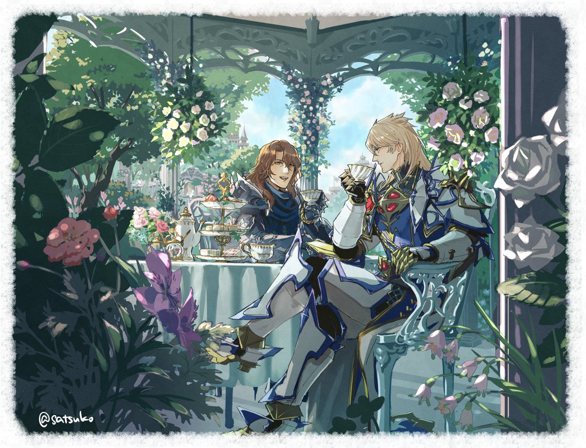 2boys :d aglovale_(granblue_fantasy) arm_rest armchair armor armored_boots black_pants blonde_hair blue_armor blue_scarf boots border brown_eyes brown_hair castle chair clouds crossed_legs cup day eye_contact fading_border faulds flower food foot_out_of_frame gauntlets gazebo gold_trim granblue_fantasy hair_between_eyes hanging_plant holding holding_cup long_hair long_sleeves looking_at_another male_focus multiple_boys pants parted_lips pink_flower pink_rose plant purple_flower red_eyes rose sandwich satuko8 scarf scone shoulder_armor siegfried_(granblue_fantasy) sitting smile sugar_bowl table tablecloth talking tart_(food) teacup teapot teeth tiered_tray tree twitter_username upper_body upper_teeth_only violet_(flower) waist_cape wavy_hair white_armor white_border white_flower white_rose