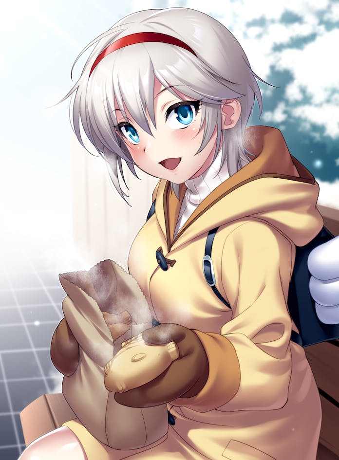 1girl :d anastasia_(idolmaster) angel_wings aqua_eyes backpack bag bench blush brown_gloves coat commentary_request commission cosplay cowboy_shot day double-parted_bangs eyelashes food gloves grey_hair hair_between_eyes hairband holding holding_food hood hood_down idolmaster idolmaster_cinderella_girls kanon long_sleeves looking_at_viewer mittens open_mouth outdoors reaching reaching_towards_viewer red_hairband short_hair sitting sitting_on_bench skeb_commission smile snow solo steam taiyaki tsukimiya_ayu tsukimiya_ayu_(cosplay) visible_air wagashi white_wings wings winter yellow_coat zen_(kamuro)