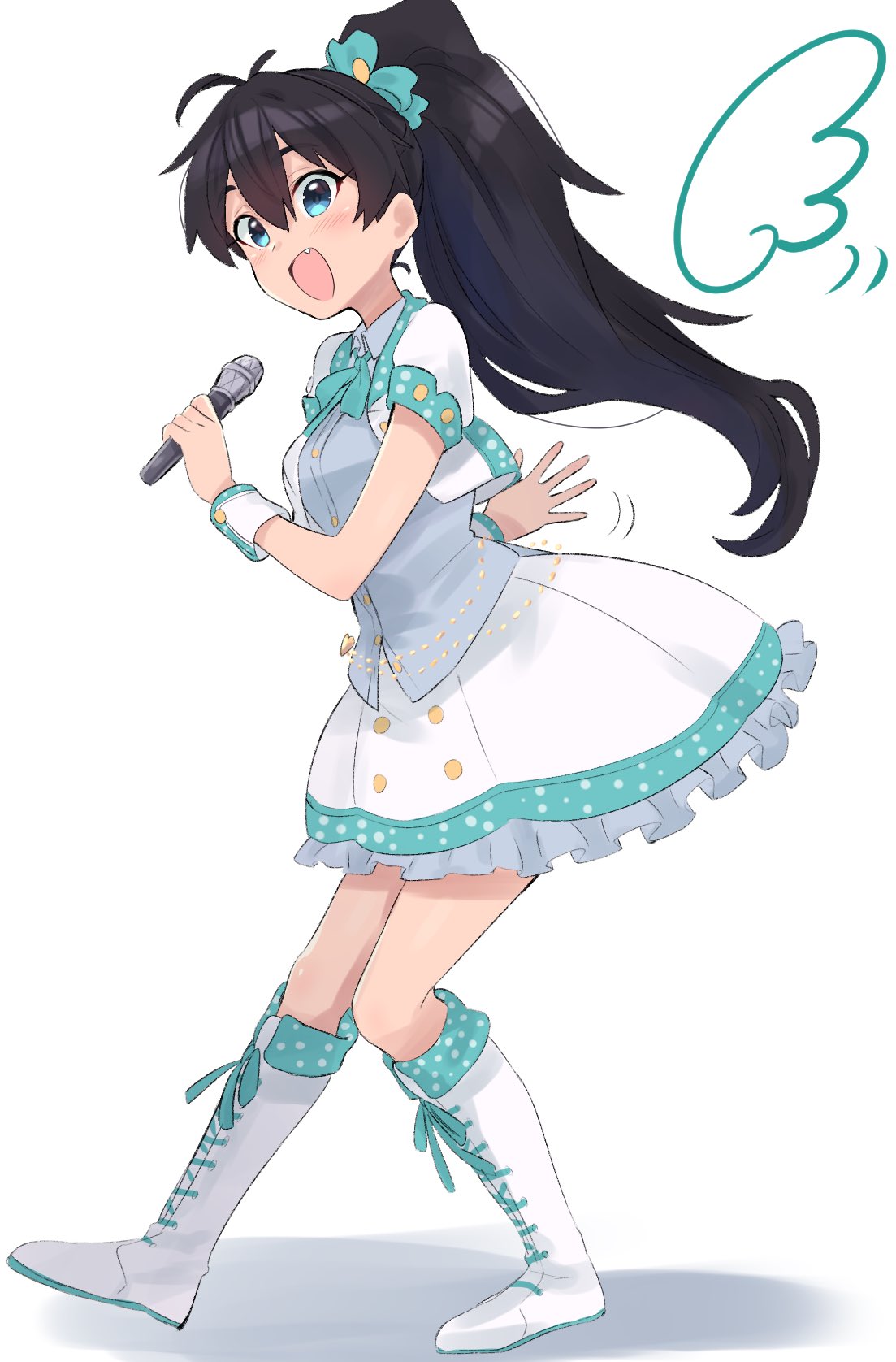 1girl antenna_hair belly_chain black_hair blue_eyes blush boots bow breasts commentary_request cropped_jacket fang frilled_skirt frills full_body ganaha_hibiki green_ribbon grey_shirt hair_bow hair_ribbon highres holding holding_microphone idolmaster idolmaster_(classic) idolmaster_million_live! idolmaster_million_live!_theater_days jacket jewelry knee_boots long_hair looking_at_viewer medium_breasts microphone motion_lines multicolored_clothes multicolored_jacket neck_ribbon open_clothes open_hand open_jacket open_mouth ponytail ribbon shadow shirt short_sleeves simple_background skirt smile solo standing sutora_binsuke two-tone_jacket white_background white_footwear white_skirt wings wrist_cuffs