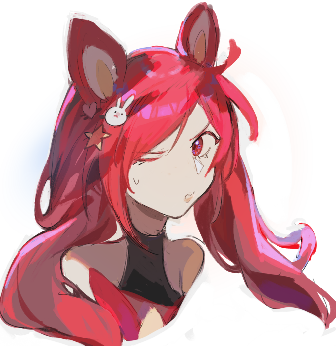 1girl animal_ears bare_shoulders cheese_(chisi64726930) cropped_shoulders fake_animal_ears hair_ornament heart heart_hair_ornament jinx_(league_of_legends) league_of_legends long_hair one_eye_closed rabbit_hair_ornament red_eyes redhead simple_background solo star_(symbol) star_guardian_(league_of_legends) star_guardian_jinx star_hair_ornament sweatdrop twintails white_background