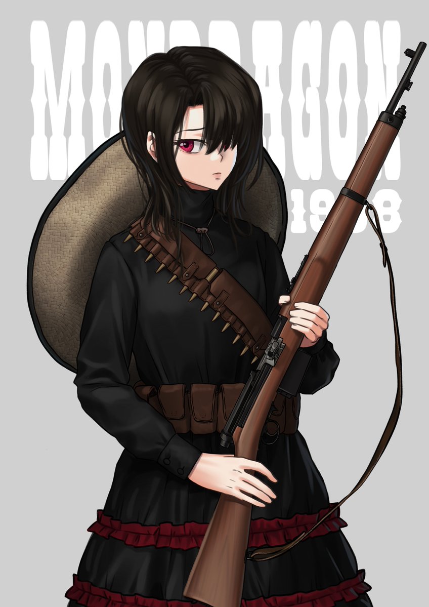 1girl bandolier black_hair black_shirt black_skirt brown_headwear bullet character_request closed_mouth commentary english_commentary frilled_skirt frills girls_frontline grey_background gun hair_over_one_eye hat_around_neck holding holding_gun holding_weapon long_hair long_sleeves looking_at_viewer red_eyes shirt skirt solo text_background tomozuru weapon weapon_request