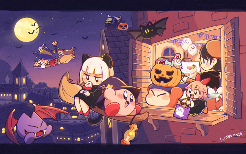 3girls :d ^_^ adeleine animal_ears arms_up back_bow bag bandana bandana_waddle_dee bat_(animal) batty_(kirby) beret black_capelet black_dress black_headwear blue_bandana blunt_bangs blush blush_stickers bow broom broom_riding brown_eyes brown_hair building candy candy_cane canvas_(object) capelet cat_ears cat_tail closed_eyes closed_mouth commentary_request dress easel fairy fairy_wings fangs flapper_(kirby) food full_moon gryll_(kirby) hair_between_eyes hair_ribbon halloween halloween_bucket hat hat_ornament holding holding_bag holding_candy holding_food holding_lollipop invincible_candy keke_(kirby) kirby kirby_(series) letterboxed lollipop long_sleeves looking_at_another maxim_tomato meta_knight midooka_(o_k_k) moon multiple_girls night night_sky oil_lamp open_mouth orange_dress orange_headwear outdoors painting_(object) pepper_(kirby) pink_hair purple_headwear red_ribbon ribbon ribbon_(kirby) salt_(kirby) short_hair shutter_shades sky smile star_(sky) star_(symbol) star_hat_ornament string_of_flags sugar_(kirby) swirl_lollipop tail v-shaped_eyebrows white_bow white_hair window wings witch_hat