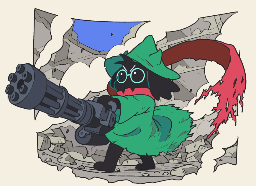 1boy animal_ears building commentary_request deltarune fangs fangs_out floating_scarf furry furry_male gatling_gun glasses goat_ears green_headwear green_robe gun hat holding holding_gun holding_weapon horns houten_(dre_a_mer) indoors male male_only minigun pink_scarf ralsei robe rock round_eyewear rubble ruins scarf smoke solo standing torn_robe torn_scarf v-shaped_eyebrows weapon