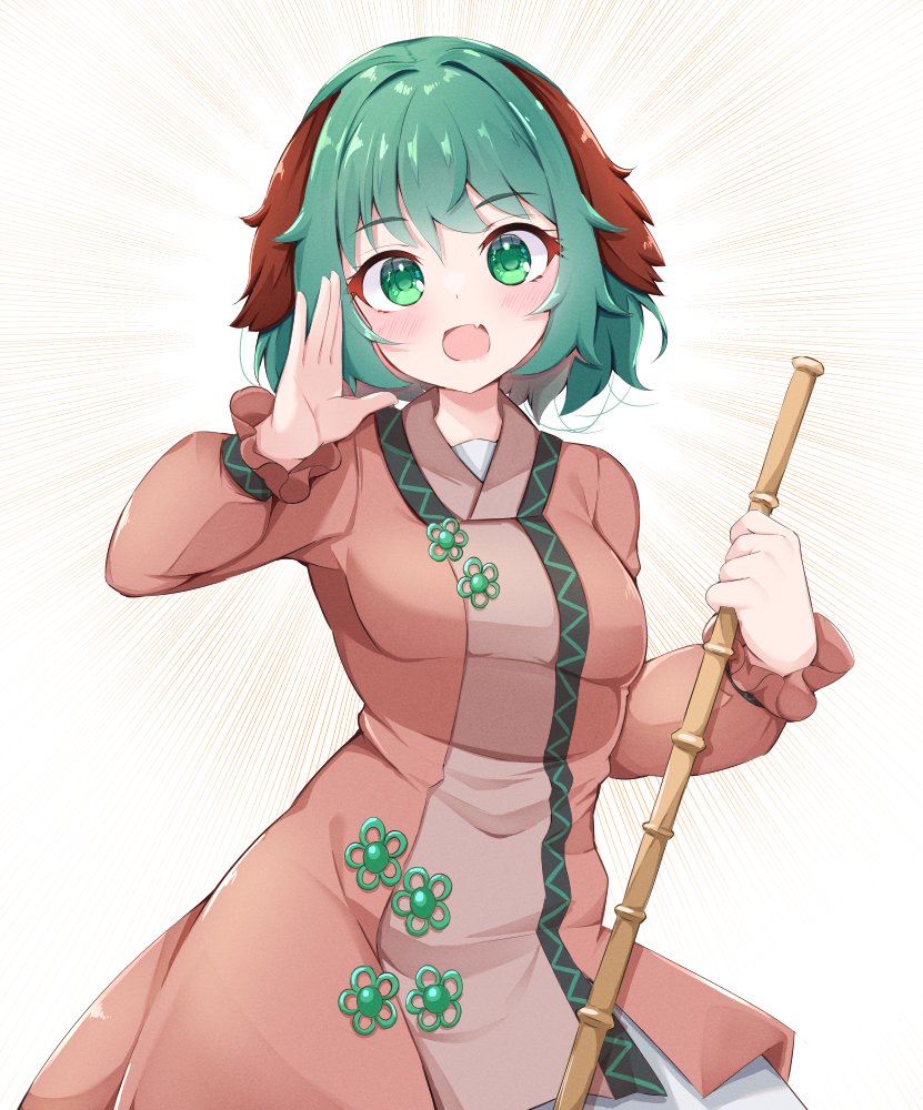 1girl animal_ears blush dog_ears dress fang green_eyes green_hair holding kasodani_kyouko long_sleeves looking_at_viewer open_mouth pink_dress rururiaru short_hair simple_background skin_fang smile solo touhou upper_body white_background