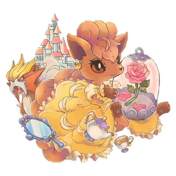 beauty_and_the_beast belle_(disney) belle_(disney)_(cosplay) brown_eyes castle closed_mouth clothed_pokemon cosplay cup dress earrings entei flower hand_mirror jewelry mirror no_humans pawpads petals pokemon pokemon_(creature) rose sharp_teeth smile teacup teapot teeth toneko transparent_background vulpix yellow_dress