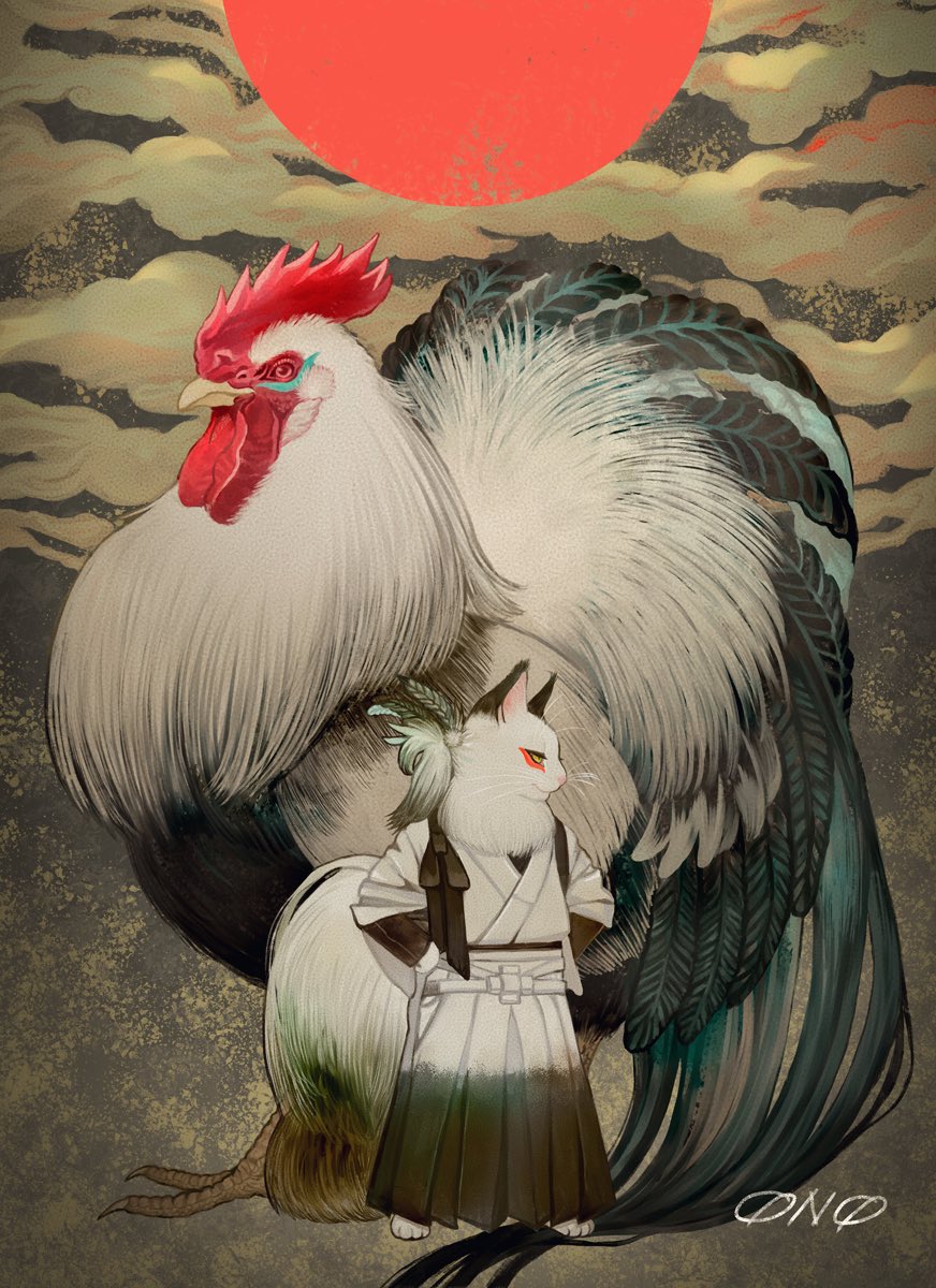 animal animal_focus bird black_hakama cat chicken chinese_zodiac clothed_animal clouds eyeliner full_body hakama hands_on_own_hips highres japanese_clothes kimono looking_at_viewer looking_to_the_side makeup nekoe_onomai no_humans original profile red_eyes red_sun rooster signature tasuki white_hakama white_kimono year_of_the_rooster
