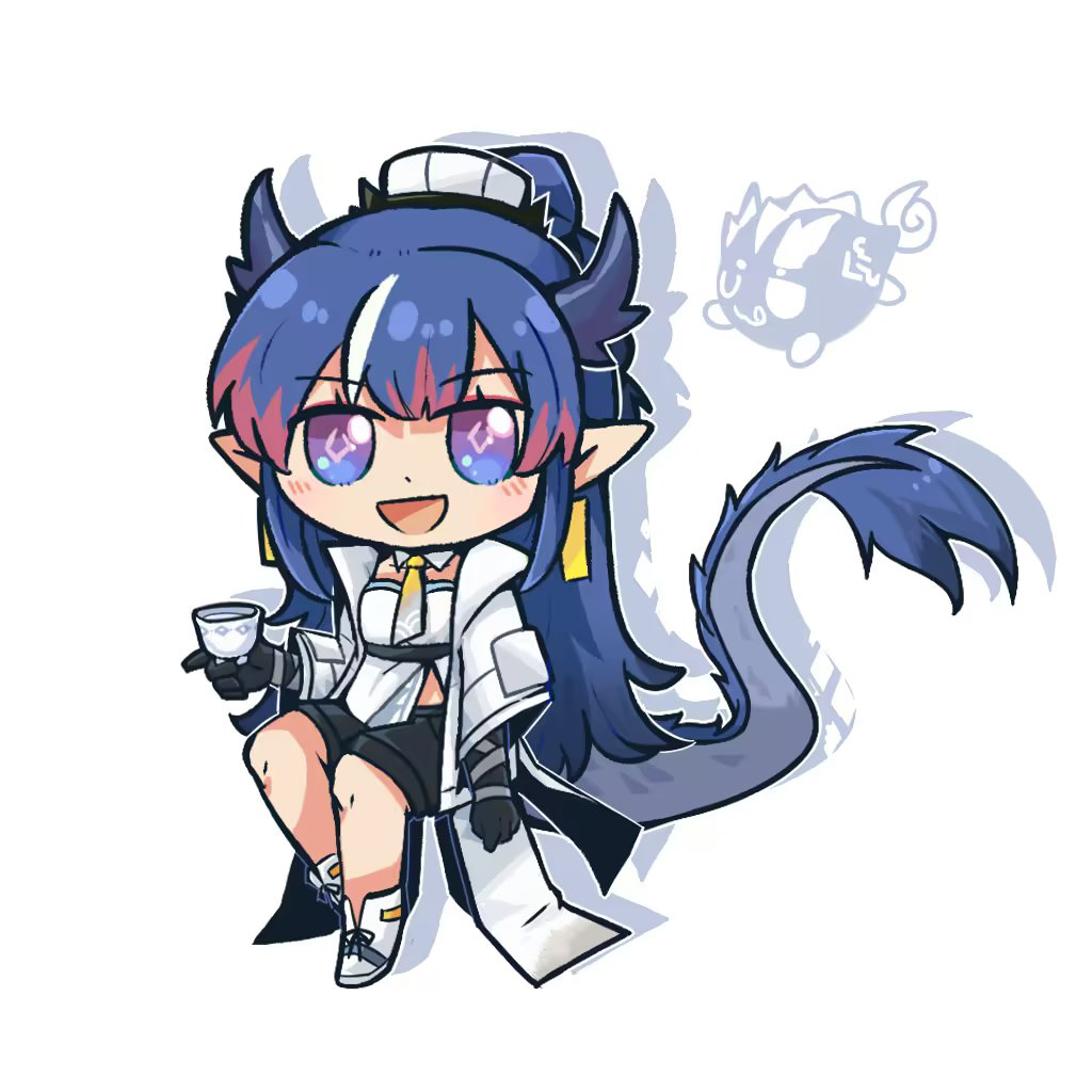 1girl arknights ascot black_gloves black_shorts blue_hair chibi coat cup detached_collar dot_nose dragon_horns dragon_tail full_body gloves holding holding_cup horns ling_(arknights) long_hair open_mouth pointy_ears shirt shorts solo sukey_four symbol-shaped_pupils tail white_coat white_footwear white_shirt yellow_ascot